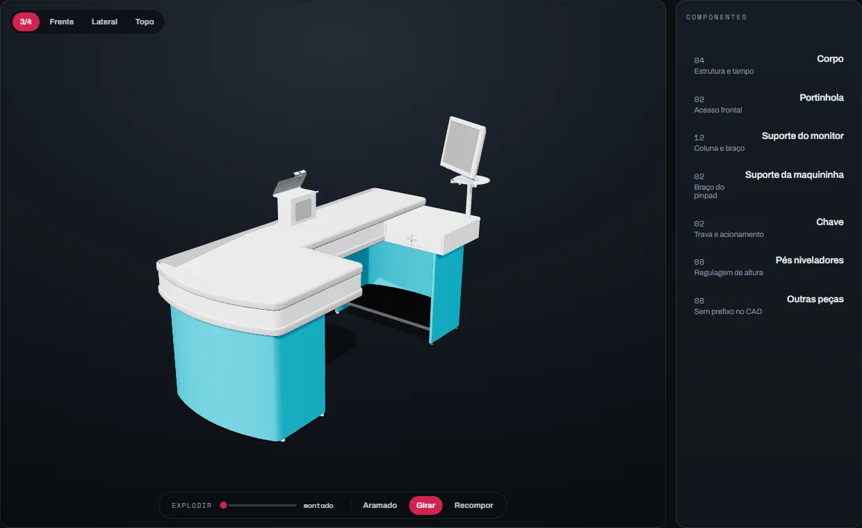 Visualizador 3D do caixa de check-out, com a lista de componentes