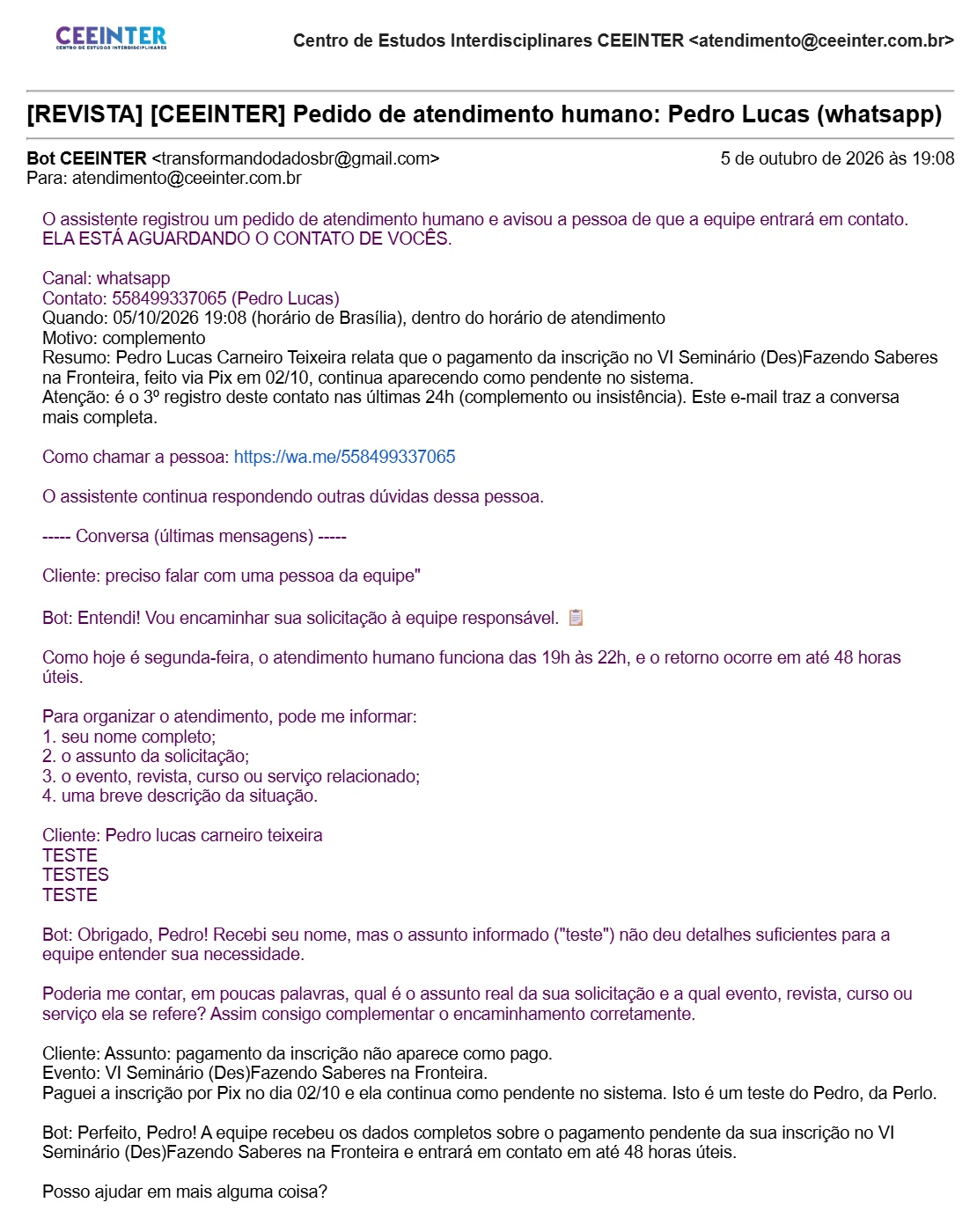 E-mail que o Enzo envia à equipe quando alguém pede atendimento humano