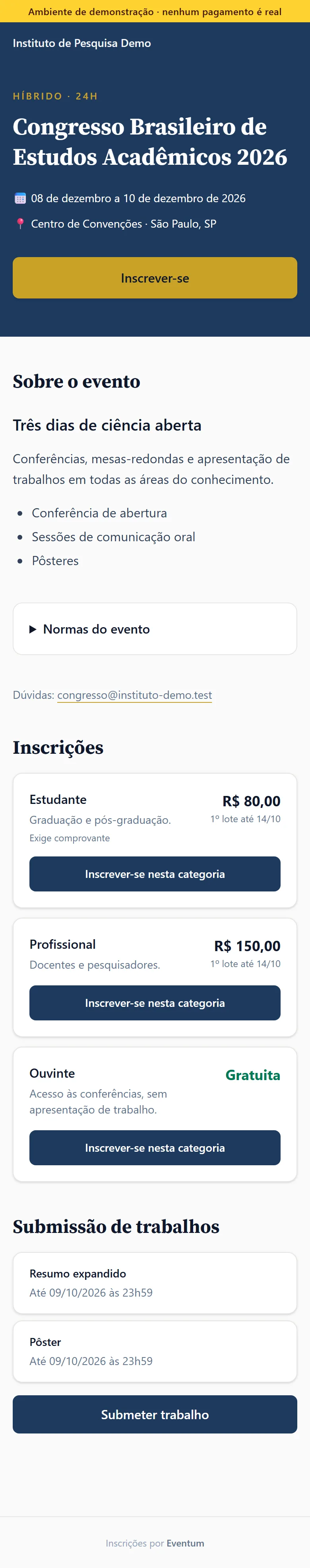 Página do evento no celular