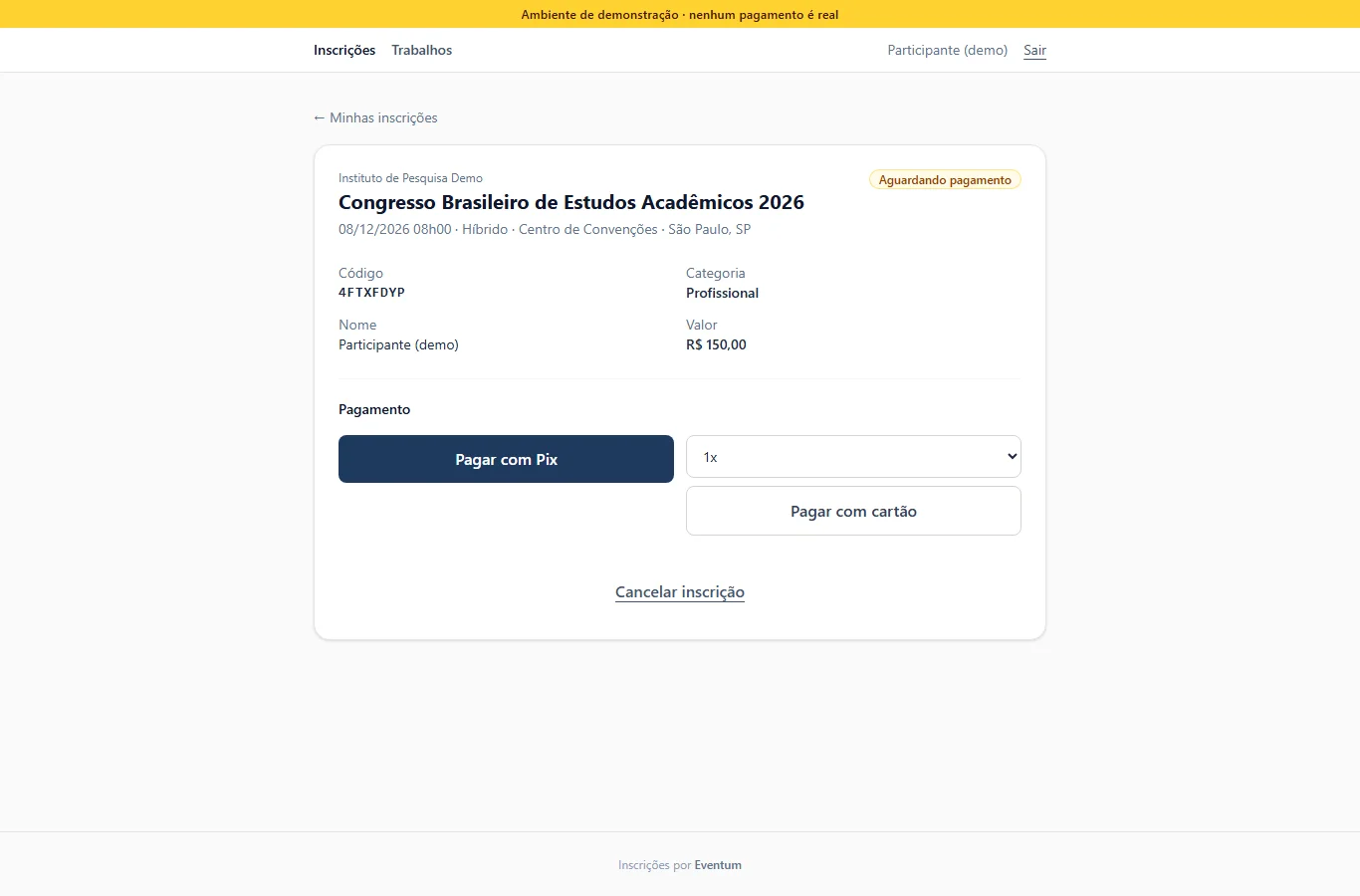 Tela de pagamento da inscrição