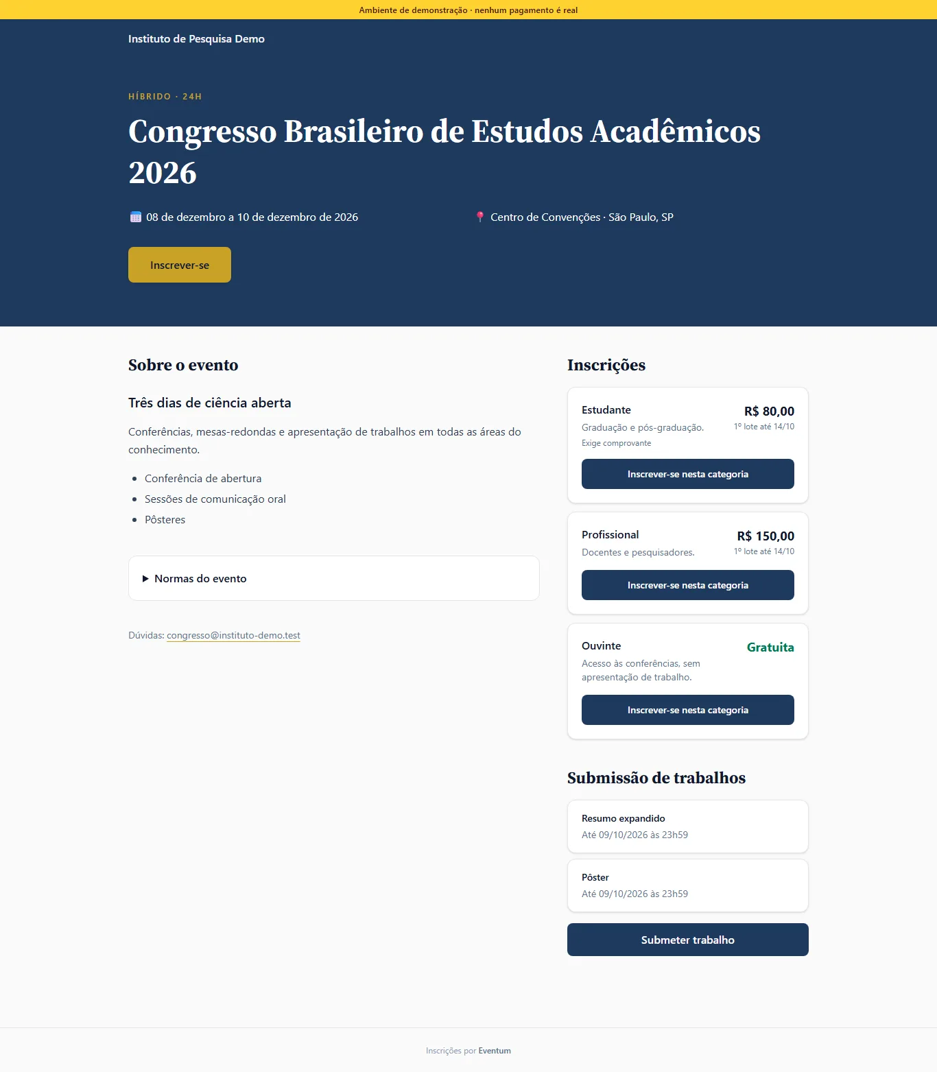 Página de um evento na plataforma