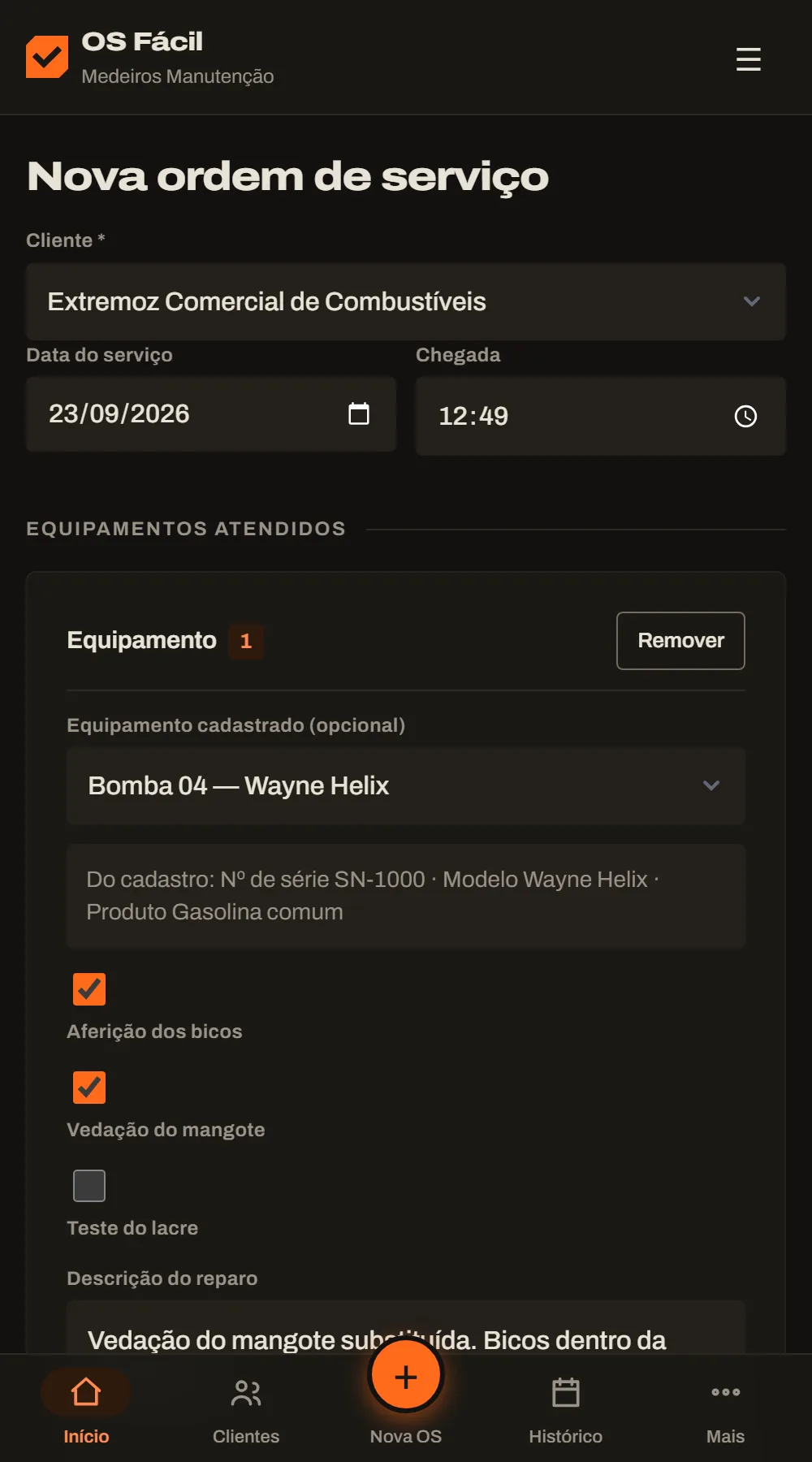 Tela de nova ordem de serviço