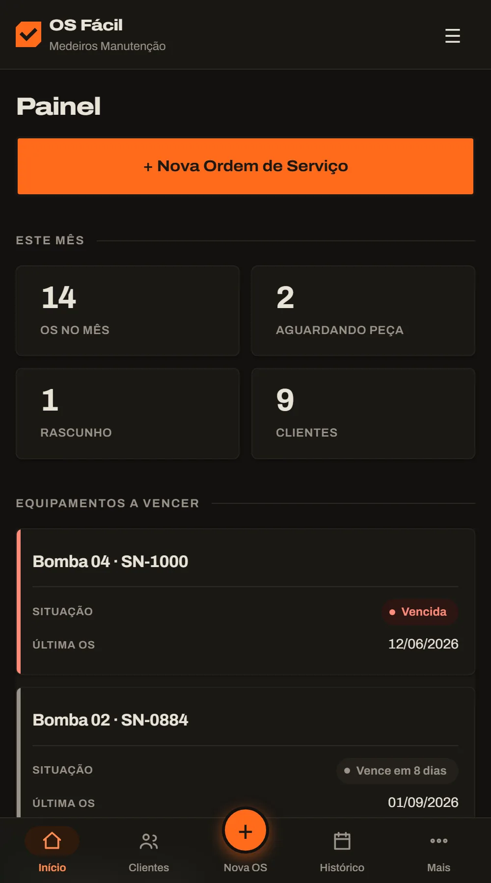Painel do OS Fácil no celular