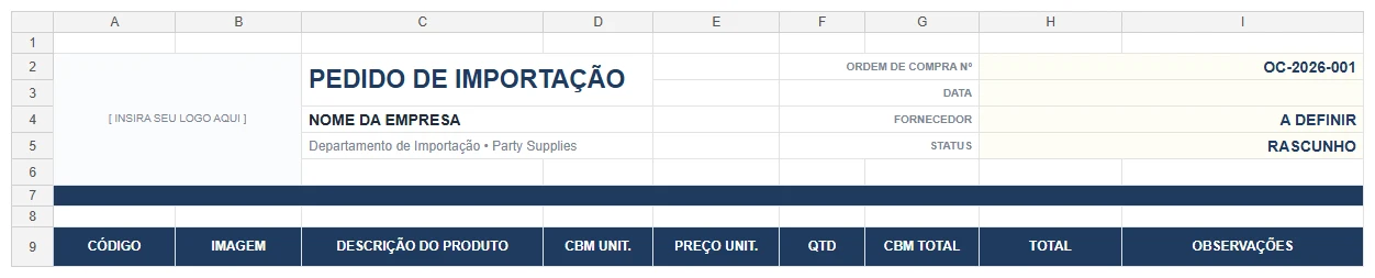 Cabeçalho do pedido de importação