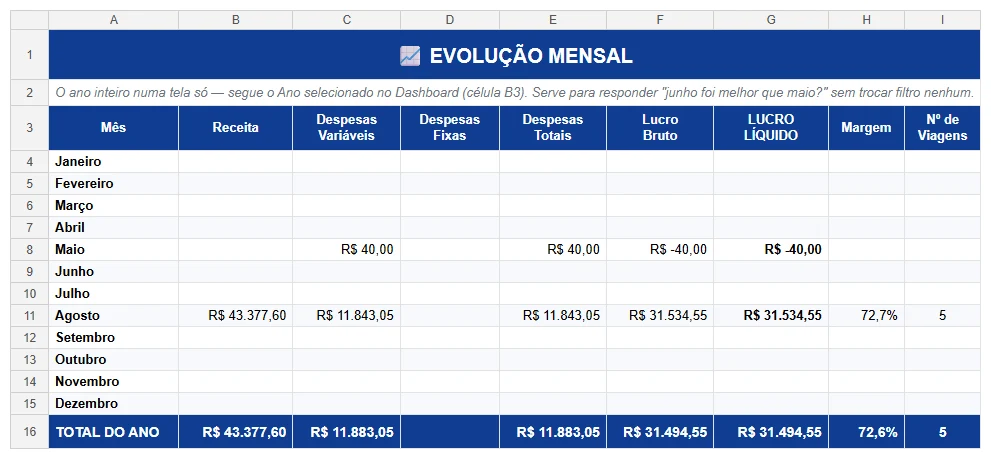 Aba Evolução Mensal da planilha da transportadora