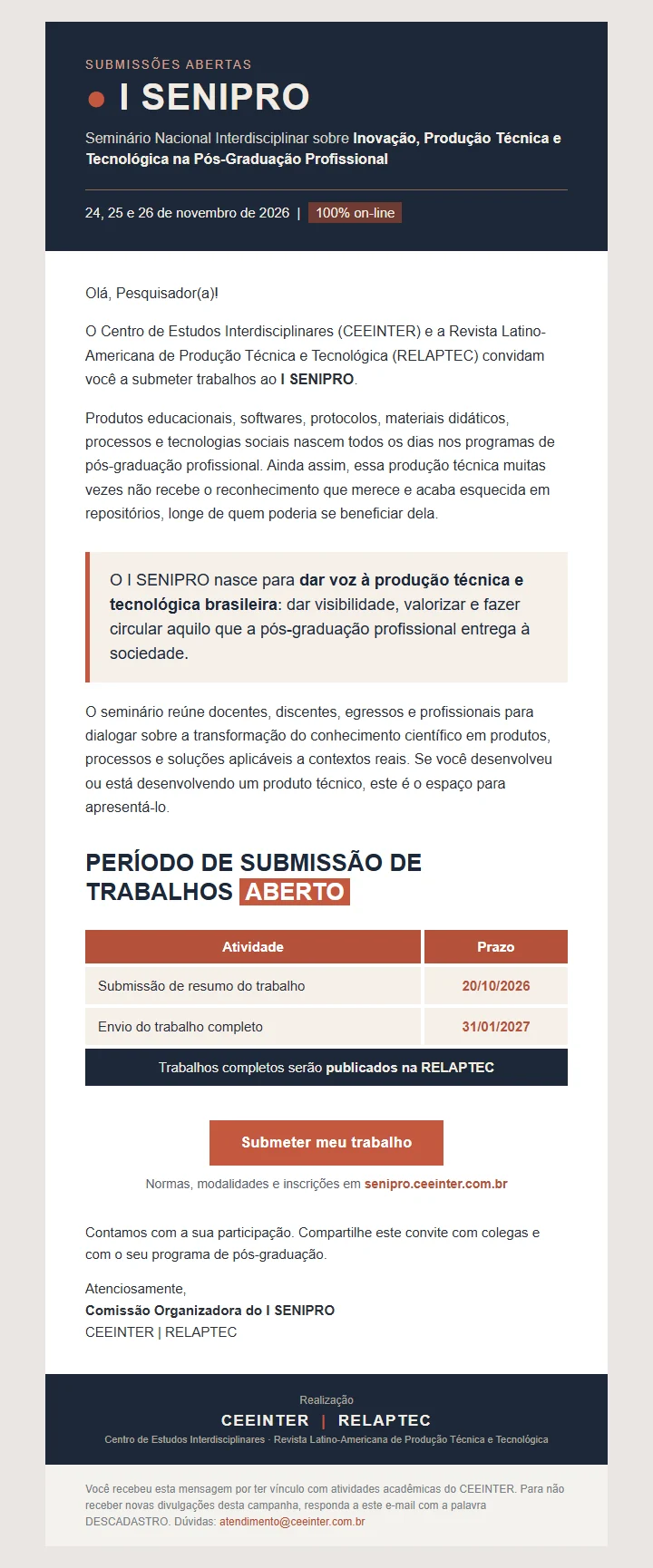 E-mail de divulgação do SENIPRO enviado pela régua
