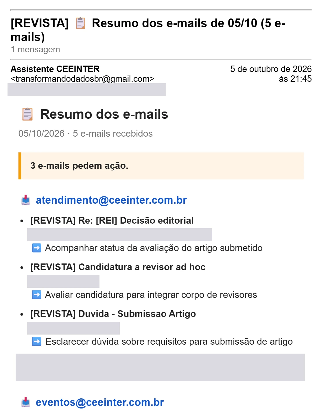 Resumo diário de e-mails enviado pelo assistente