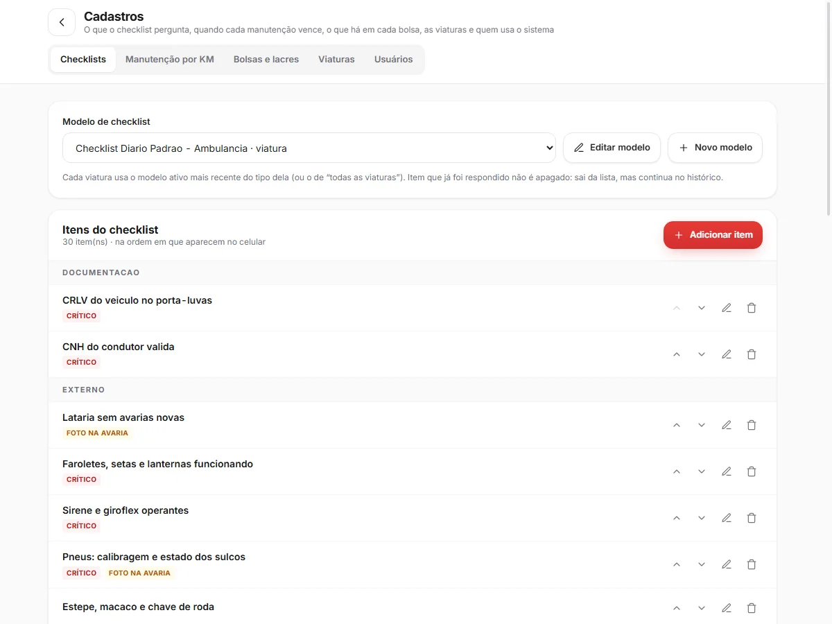 Cadastro dos itens do checklist