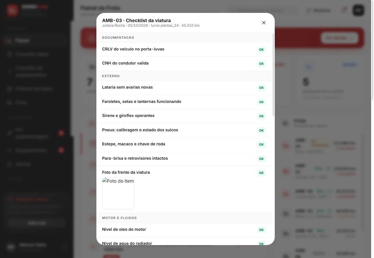 Checklist da viatura preenchido